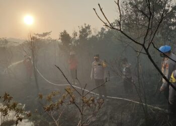 Pemadaman kebakaran hutan dan lahan di Kelurahan Galang, Pulau Galang, pada hari Selasa, 23 Februari 2021. (Foto: Humas Polda Kepri)