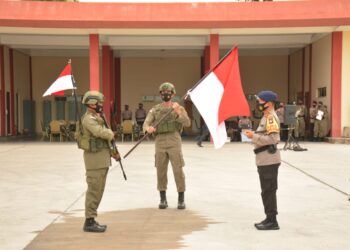Upacara penyambutan purna tugas kompi penugasan Satbrimob Polda Kepri BKO Polda Papua pada Kamis, 25 Februari 2021. (Foto: Arsip Polda Kepri)