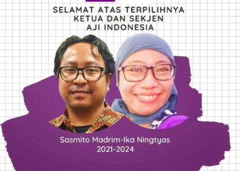 Ketua Umum dan Sekretaris Jenderal Aliansi Jurnalis Independen  (AJI) Indonesia periode 2021-2024,  Sasmito – Ika Ningtyas.