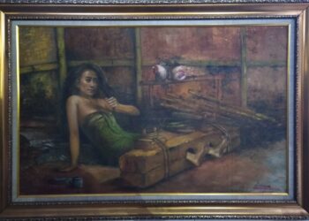 Lukisan berjudul Rokayah, buatan Hernur, di pameran lukisan Komunitas Batam Coret-coret, T’Kong Kafe Batu Aji, Batam, Kepulauan Riau, Sabtu, 6 Maret 2021 malam. (Foto: Donella Bangun)