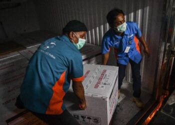 Dua petugas mengangkat karton isi vaksin Sinovac di Jakarta. (Foto: Muhammad Adimaja)