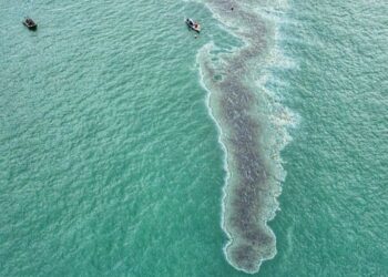 Tumpahan minyak dari kapal King Richard X di perairan Batu Ampar, Kota Batam, Kepulauan Riau, beberapa waktu lalu. (Foto: Arsip narasumber)