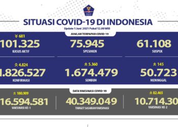 Jumlah terpapar Covid-19 di Indonesia Update 01 Juni 2021. Sumber BNPB.