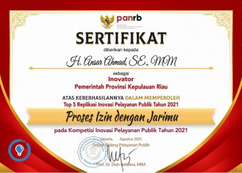 Pemerintah Provinsi Kepri masuk dalam 'Top 5 Replikasi Inovasi Pelayanan Publik tahun 2021, Proses Izin dengan Jarimu' atau 'SI JEMPOL'. (Foto: ist)