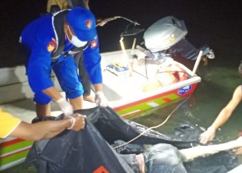Tim Pencarian SAR Kantor Tanjung Pinang mengevakuasi jasad ABK penyelundup rokok di Perairan Pulau Galang, Batam, Minggu, 28 November 2021. (SAR Tanjung Pinang)