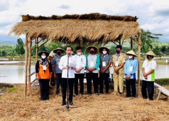 Presiden Joko Widodo memberikan keterangan pers usai melakukan penanaman padi bersama para petani di Desa Buluagung, Kecamatan Karangan, Kabupaten Trenggalek, Provinsi Jawa Timur, pada Selasa, 30 November 2021. (Foto: Setneg.go.id)