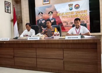 Kapolres Bintan AKBP Tidar Wulung Dahono (tengah), didampingi Kasat Reskrim dan Kasat Resnarkoba Polres Bintan saat rilis akhir tahun 2022 Polres Bintan di Aula Kantor Polres Bintan, Kamis (29/12/2022). (Foto: HMS/ Yulita Dani).