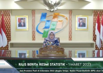Deputi Bidang Statistik Distribusi dan Jasa BPS, Pudji Ismartini saat menyampaikan rilis Berita Statistik di Gedung BPS, Jakarta, Senin (3/4/2023). (Foto: Ist/ snipping YouTube BPS Statistics).