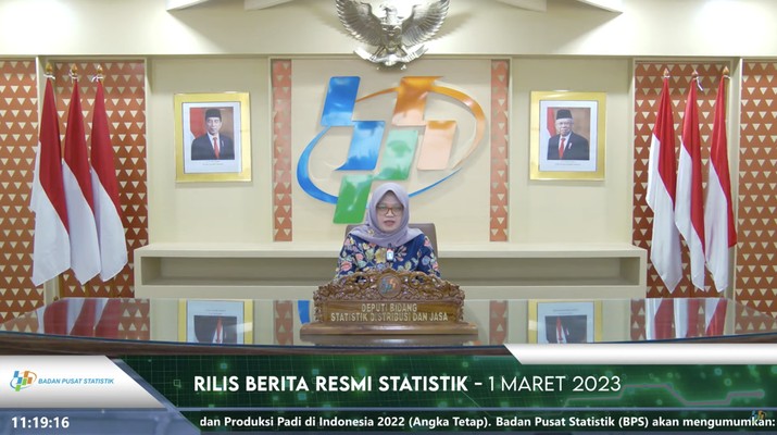 Deputi Bidang Statistik Distribusi dan Jasa BPS, Pudji Ismartini saat menyampaikan rilis Berita Statistik di Gedung BPS, Jakarta, Senin (3/4/2023). (Foto: Ist/ snipping YouTube BPS Statistics).