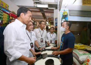 Presiden Jokowi saat mengecek harga beras di Pasar Johar Baru, Jakarta Pusat, Rabu (5/4/2023). (Foto: Ist/ presidenri.go.id).