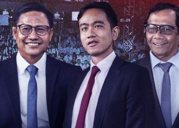 Cawapres Muhaimin Iskandar, Gibran Rakabuming Raka (tengah) dan Mahfud MD (kanan) akan berdebat Minggu, 21 Januari 2024  malam di televisi nasional.