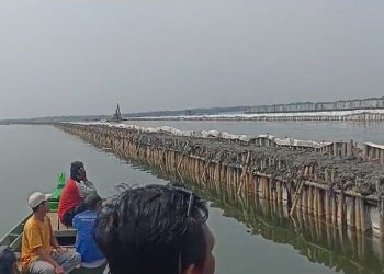 Pagar  berbahan bamb di perairan pesisir utara Kabupaten Bekasi, Jawa Barat.(Foto: Ist./Tangkapan layar video warga).