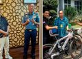 Panglima Komando Armada Republik Indonesia (Pangkoarmada RI),  Laksamana Madya TNI Denih Hendrata dan Ketua PWI Jaya Kesit B. Handoyo (kiri); dan salah satu sepeda sumbangannya (kanan). (Foto: Ist./PWI JAYA).