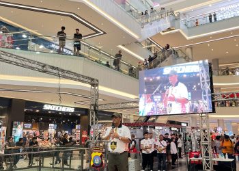 Kata sambutan dari Kapolresta Barelang dalam acara pembukaan turnamen Basketball di Lobby Grand Batam Mall pada Jumat, 27 Juni 2025, (Foto: Humas Polres).