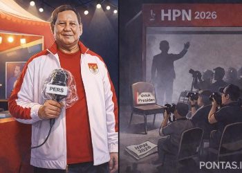 Sosok Presiden Prabowo Subianto hanya dihadirkan dalam bentuk patung standing didisplay di panggung HPN 2026 di Kota Serang - Banten. (Foto: Ist./ pontas,id).