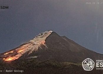 Gunung Merapi yang erupsi, Jumat, 28 Agustus 2026 malam. (Foto: Ist./Badan Geologi).